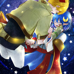 Rule 34 | 1boy, 1girl, blue hair, cape, claude kenni, closed mouth, crescent, crescent hair ornament, detached cape, gloves, hair ornament, highres, open mouth, pointy ears, ponyo soa, red cape, rena lanford, short hair, skirt, smile, star (sky), star ocean, star ocean the second story