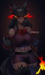 Rule 34 | 1girl, abs, animal ear fluff, animal ears, beckoning, bike shorts, black hair, black sclera, braid, breasts, claws, colored sclera, colored skin, come hither, commission, cowboy shot, curvy, eyebrows, film grain, fire, flaming eyes, fur, glowing, glowing eyes, grey skin, grin, hair between eyes, hand on own hip, hellhound (monster girl encyclopedia), highres, large breasts, long hair, midriff, monster girl, monster girl encyclopedia, monster girl encyclopedia ii, navel, nsfwolf, red eyes, side braid, smile, solo, sports bra, tail, toned, v-shaped eyebrows, wolf ears, wolf girl, wolf tail