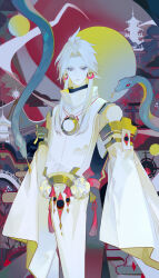 Rule 34 | 1boy, absurdres, architecture, bishounen, closed mouth, colored skin, curtained hair, detached sleeves, earrings, east asian architecture, eyeshadow, forked tongue, highres, jewelry, long hair, long sleeves, looking at viewer, makeup, male focus, onmyoji, pale skin, parted bangs, purple eyes, red background, short hair with long locks, snake, solo, standing, susabi (onmyoji), tassel, tassel earrings, tongue, white hair, white snake, wide sleeves, yisiwanxi