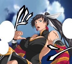 Rule 34 | 1girl, black hair, blue eyes, breasts, chinese clothes, chun yan (shuumatsu no valkyrie), female focus, highres, large breasts, long hair, looking at viewer, looking down, muscular, muscular female, pointing, pointing at self, scar, shuumatsu no valkyrie, solo