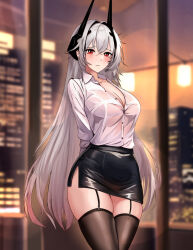 Rule 34 | 1girl, absurdres, alternate costume, arms behind back, azur lane, beefusteku, black hair, black skirt, black thighhighs, blurry, blurry background, blush, breasts, building, cleavage, collared shirt, commentary, cowboy shot, english commentary, evening, garter straps, grey hair, hair between eyes, hair intakes, highres, horns, indoors, kursk (azur lane), large breasts, long hair, long sleeves, looking at viewer, miniskirt, multicolored hair, office lady, pencil skirt, red eyes, shirt, skirt, skyscraper, smile, solo, streaked hair, thighhighs, white shirt