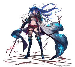 Rule 34 | 1girl, alchemist for everyone, armor, belt, blue eyes, blue hair, boots, cape, copyright name, floating hair, full body, gloves, greaves, holding, holding sheath, holding sword, holding weapon, long hair, navel, official art, sarashi, setna, sheath, short shorts, shorts, simple background, single glove, solo, standing, sword, thigh boots, thighhighs, torn clothes, weapon, white background
