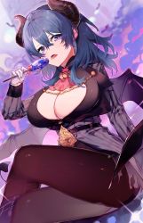 Rule 34 | 1girl, absurdres, alternate costume, blue eyes, blue hair, blush, breasts, byleth (female) (fire emblem), byleth (fire emblem), byleth (male) (fire emblem), candy, cape, cleavage, fire emblem, fire emblem: three houses, fire emblem heroes, food, gloves, hair ornament, halloween, halloween costume, highres, large breasts, lollipop, long hair, looking at viewer, medium hair, meunhongcha, navel, nintendo, open mouth, pantyhose, simple background, solo, vampire