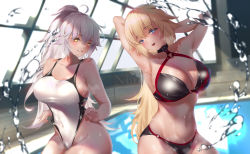 Rule 34 | 2girls, ahoge, bare shoulders, bikini, black bikini, black choker, blush, breasts, choker, cleavage, collarbone, competition swimsuit, cosplay, costume switch, covered navel, fate/grand order, fate (series), highleg, highleg swimsuit, highres, jeanne d&#039;arc (fate), jeanne d&#039;arc (ruler) (fate), jeanne d&#039;arc (swimsuit archer) (fate), jeanne d&#039;arc (swimsuit archer) (fate) (cosplay), jeanne d&#039;arc (swimsuit archer) (second ascension) (fate), jeanne d&#039;arc alter (fate), jeanne d&#039;arc alter (swimsuit berserker) (fate), jeanne d&#039;arc alter (swimsuit berserker) (fate) (cosplay), large breasts, long hair, looking at viewer, multiple girls, nolmo, o-ring, one-piece swimsuit, open mouth, ponytail, pool, rei no pool, silver hair, smile, swimsuit, very long hair, water, wet, white one-piece swimsuit, yellow eyes