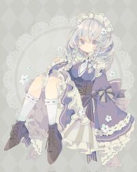 Rule 34 | 1girl, adapted costume, argyle, argyle background, argyle clothes, blue dress, boots, braid, brown footwear, closed mouth, corrupted twitter file, cross-laced footwear, dress, full body, grey eyes, grey hair, hair between eyes, highres, izayoi sakuya, lace-up boots, long hair, nikorashi-ka, sleeves past fingers, sleeves past wrists, socks, solo, touhou, twin braids, white socks, wide sleeves