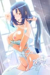 Rule 34 | 1girl, adjusting hair, asahina natsuki, blue hair, breasts, dress, large breasts, light rays, long hair, looking at viewer, nipples, non-web source, nude, official art, open mouth, photoshop (medium), red eyes, solo, super real mahjong, tanaka ryou, wedding dress, white dress, window