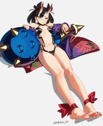 Rule 34 | 1girl, absurdres, aqua eyes, artist name, barefoot, black hair, breasts, censored, cosplay, creatures (company), crossover, fate (series), feet, game freak, green eyes, highres, horns, l4wless, marnie (pokemon), mosaic censoring, nintendo, pokemon, pokemon swsh, shuten douji (fate), simple background, small breasts