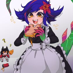 Rule 34 | 2girls, :d, ?, absurdres, ahri (league of legends), alternate costume, apron, blue hair, can, cheese, colored skin, eating, enmaided, fangs, flipped hair, flower, food, green background, green skin, grey apron, hair flower, hair ornament, highres, holding, holding food, league of legends, long sleeves, maid, multicolored hair, multiple girls, nail polish, neeko (league of legends), open mouth, pink background, red flower, red hair, red nails, sandwich, smile, solo focus, soutasoda, tail, teeth, two-tone hair, upper teeth only, waist apron, wide sleeves