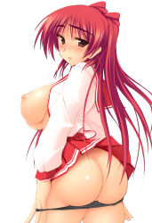 Rule 34 | 1girl, :3, :d, arched back, ass, black panties, blush, breasts, breasts out, brown eyes, clothes lift, curvy, from behind, highres, kousaka tamaki, large breasts, long hair, looking at viewer, looking back, miniskirt, nipples, no bra, nose blush, open clothes, open mouth, open shirt, panties, panty pull, pleated skirt, red hair, school uniform, seductive smile, serafuku, shiny skin, shirt, skirt, skirt lift, smile, solo, standing, straight hair, sweat, to heart (series), to heart 2, twintails, underwear, undressing, white background, zekkyon