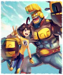 Rule 34 | 1boy, 1girl, ahoge, arms (game), bodysuit, boxing gloves, brown hair, domino mask, goggles, gonzarez, looking at viewer, mask, max brass, mechanica (arms), one eye closed, open mouth, purple eyes, short hair, smile