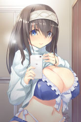 Rule 34 | 1girl, bikini, blue bikini, blue eyes, bow, breasts, brown hair, cellphone, cleavage, clothes lift, commentary request, eyes visible through hair, frilled bikini, frills, front-tie bikini top, front-tie top, hair between eyes, hairband, hand on own chest, highres, holding, holding phone, idolmaster, idolmaster cinderella girls, indoors, large breasts, lifting own clothes, lipstick, long hair, long sleeves, looking at viewer, makeup, mikage sekizai, multi-strapped bikini, navel, phone, pink lips, sagisawa fumika, selfie, sleeves past wrists, smartphone, solo, stomach, sweater, sweater lift, swimsuit, taking picture, turtleneck, turtleneck sweater, upper body, white bow