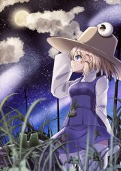 Rule 34 | 1girl, animal print, arm at side, blonde hair, blue eyes, blush, breasts, brown headwear, cloud, commentary request, cross-laced clothes, frog, frog print, full moon, grass, hair ribbon, high collar, highres, long sleeves, looking to the side, medium breasts, moon, moriya suwako, night, onkona minazuki, purple vest, pyonta, red ribbon, red rope, ribbon, rock, rope, shirt, short hair, sidelocks, sky, smile, solo, standing, star (sky), starry sky, thighhighs, touhou, tress ribbon, utility pole, vest, white shirt, white thighhighs