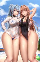 Rule 34 | 2girls, :o, arm up, ball, beach, beachball, bikini, bikini under clothes, black one-piece swimsuit, blue bikini, blue eyes, blue hair, blush, braid, breasts, cleavage, d:, gloves, goddess of victory: nikke, hair intakes, hand on own ear, hand on own hip, helm (aqua marine) (nikke), helm (nikke), highres, large breasts, light brown hair, long hair, looking at viewer, multiple girls, official alternate costume, one-piece swimsuit, open mouth, parted lips, ponytail, rapi (nikke), red eyes, sand, see-through, see-through shirt, shirt, side-by-side, side-tie bikini bottom, sky, swimsuit, w, wet, wet clothes, wet shirt, white gloves, white shirt, yui hiroshi