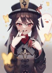 Rule 34 | 1girl, black nails, blush, boo tao (genshin impact), brown hair, chinese clothes, desire (tbot7), flower-shaped pupils, genshin impact, hat, hat ornament, highres, hu tao (genshin impact), jewelry, looking at viewer, porkpie hat, red eyes, red shirt, ring, shirt, symbol-shaped pupils, tongue, tongue out, white background