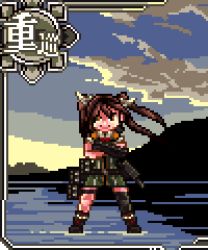 Rule 34 | 10s, 1girl, animated, animated gif, asymmetrical legwear, boots, brown eyes, brown hair, character name, cloud, kameyan (ka me da), kantai collection, looking at viewer, lowres, outdoors, pixel art, plant, ribbon, seaplane, solo, standing, standing on liquid, tone (kancolle), tree, twilight, twintails, uneven legwear, water, weapon, wind