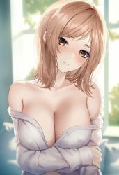 Rule 34 | 1girl, bare shoulders, blush, breasts, cleavage, collarbone, covered erect nipples, head tilt, highres, holding own arm, idolmaster, idolmaster shiny colors, large breasts, light brown hair, looking at viewer, marinesnow, medium hair, morning, naked shirt, non-web source, open clothes, open shirt, sakuragi mano, shirt, solo, sunlight, upper body, white shirt, yellow eyes