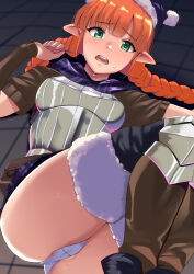 Rule 34 | 1girl, armor, blunt bangs, blush, boots, braid, breastplate, commentary request, embarrassed, fur-trimmed headwear, fur-trimmed legwear, fur trim, green eyes, highres, knee boots, long hair, looking at viewer, lying, on back, on ground, open mouth, orange hair, panties, pointy ears, solo, sweat, tearing up, thighhighs, thighs, tirasi (so), twin braids, underwear, unicorn overlord, yufini (unicorn overlord)