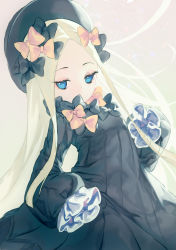 Rule 34 | 1girl, abigail williams (fate), black bow, black dress, black hat, black joa, blonde hair, blue eyes, bow, brown background, covered mouth, dress, fate/grand order, fate (series), gradient background, grey background, hair bow, hands in opposite sleeves, hat, highres, long hair, long sleeves, looking at viewer, orange bow, parted bangs, solo, very long hair