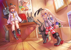 Rule 34 | 10s, 2girls, anchor, anchor hair ornament, ankle boots, black panties, blonde hair, boots, brown eyes, brown hair, dress, elbow gloves, gloves, grey footwear, hair ornament, hairband, hands on own cheeks, hands on own face, kantai collection, long hair, looking at viewer, multiple girls, naka (kancolle), open mouth, panties, rensouhou-chan, revision, sailor dress, shennai misha, shimakaze (kancolle), short hair, skirt, striped clothes, striped legwear, striped thighhighs, thighhighs, underwear, white gloves, yukikaze (kancolle)