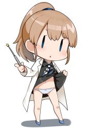 Rule 34 | 1girl, black shirt, brown hair, clothes lift, commentary request, fairy (kancolle), full body, grey skirt, highres, intrepid (kancolle), kantai collection, lab coat, looking at viewer, multicolored neckwear, nassukun, navel, neckerchief, panties, pointer, ponytail, shirt, short hair, simple background, skirt, skirt lift, solid oval eyes, solo, underwear, white background, white panties