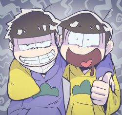 Rule 34 | 10s, 2boys, arm around shoulder, bad id, bad twitter id, black hair, brothers, grin, heart, heart in mouth, hood, hoodie, male focus, mask, matsuno ichimatsu, matsuno jyushimatsu, messy hair, mouth mask, multiple boys, osomatsu-kun, osomatsu-san, osomatsu (series), sanjiro (tenshin anman), shaded face, siblings, sleeves past wrists, smile, surgical mask, thumbs up, upper body
