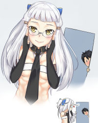 Rule 34 | 1boy, 1girl, abs, adjusting eyewear, bespectacled, black gloves, black neckwear, blue bow, blush, bow, breasts, chibi, chibi inset, detached collar, doorway, elbow gloves, fate/grand order, fate (series), fingerless gloves, fujimaru ritsuka (male), glasses, gloves, hair bow, hair tubes, highres, hikarikung, long hair, looking at viewer, muscular, muscular female, necktie, peeking out, penthesilea (fate), rimless eyewear, sidelocks, small breasts, smile, strapless, translation request, tube top, upper body, wavy mouth, white hair, yellow eyes