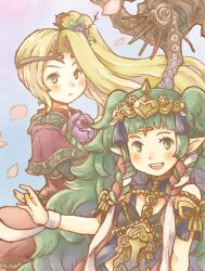 Rule 34 | 2girls, blonde hair, blue background, commentary, crossover, english commentary, fire emblem, fire emblem: three houses, flower, gradient background, green eyes, green hair, hair flower, hair ornament, highres, kid icarus, kid icarus uprising, looking at viewer, multiple girls, nintendo, open mouth, petals, pointy ears, ponytail, saya (lelulinna), smile, sothis (fire emblem), staff, tiara, viridi