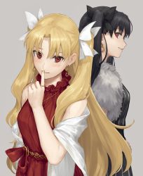 Rule 34 | 2girls, alternate costume, bare shoulders, bitter sweet (fate/grand order), black bow, black dress, black hair, blonde hair, bow, breasts, casual, dress, ereshkigal (bitter sweet) (fate), ereshkigal (fate), fate/grand order, fate (series), grey background, hair bow, highres, index finger raised, ishtar (bitter sweet) (fate), ishtar (fate), jewelry, kouzuki kei, long hair, long sleeves, looking at viewer, multiple girls, necklace, parted bangs, red dress, red eyes, ring, short sleeves, sitting, smile, striped clothes, striped dress, thighs, two side up, vertical stripes, white bow