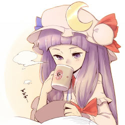 Rule 34 | 1girl, blunt bangs, book, bow, crescent, cup, daitai konna kanji, drinking, female focus, hair bow, hat, long hair, open book, patchouli knowledge, purple eyes, purple hair, reading, solo, touhou, upper body