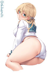 Rule 34 | 1girl, alternate costume, aqua eyes, ass, blonde hair, blush, breasts, cropped legs, ebifurya, hair between eyes, highres, kantai collection, large breasts, long hair, long sleeves, low twintails, no pants, one-hour drawing challenge, panties, parted lips, prinz eugen (kancolle), school uniform, serafuku, simple background, solo, twintails, twitter username, underwear, white background, white panties