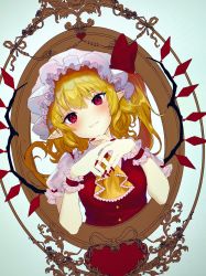 Rule 34 | 1girl, :3, ascot, blonde hair, blush, bow, closed mouth, commentary request, fang, flandre scarlet, frilled shirt collar, frilled sleeves, frills, hands up, hat, hat bow, head tilt, highres, kyogoku-uru, blue background, looking at viewer, medium hair, mob cap, nail polish, one side up, own hands together, picture frame, pointy ears, puffy short sleeves, puffy sleeves, red bow, red eyes, red nails, red vest, shirt, short sleeves, sidelocks, simple background, skin fang, solo, touhou, upper body, very long fingernails, vest, white hat, white shirt, wings, wrist cuffs, yellow ascot