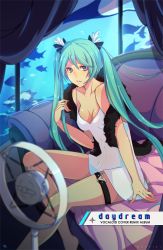Rule 34 | 1girl, aquarium, bare shoulders, barefoot, black scarf, blue hair, breasts, cleavage, collarbone, couch, covered erect nipples, covered navel, curtains, dress, ebbilin, feather hair ornament, feathers, fish, hair between eyes, hair ornament, hatsune miku, heart, indoors, long hair, no bra, on couch, parted lips, purple eyes, scarf, sleeveless, sleeveless dress, solo, sundress, twintails, very long hair, vocaloid, water, white dress