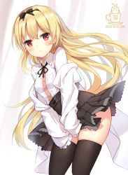 Rule 34 | 1girl, aliter, arifureta shokugyou de sekai saikyou, black bow, black ribbon, black skirt, black thighhighs, blonde hair, blush, bow, breasts, closed mouth, collared shirt, commentary request, hair between eyes, hair bow, highres, jacket, leaning forward, logo, long hair, long sleeves, neck ribbon, off shoulder, pleated skirt, red eyes, ribbon, shirt, skindentation, skirt, sleeves past fingers, sleeves past wrists, small breasts, solo, thighhighs, very long hair, white jacket, white shirt, yue (arifureta)