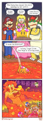 Rule 34 | 2girls, 3koma, absurdres, angry, bowser, breasts, breath weapon, breathing fire, camera phone, cellphone, cleavage, comic, commentary, crown, dress, english commentary, english text, fire, highres, large breasts, laughing, lava, lava bubble, mario, mario (series), mini crown, multiple girls, new super mario bros. u deluxe, nintendo, open mouth, phone, pink dress, princess peach, running, smartphone, speech bubble, super crown, tears, thebourgyman, toad (mario), tongue, tongue out