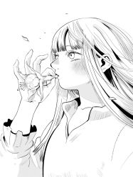 Rule 34 | 1girl, aged down, blunt bangs, blush, comic panel redraw, derivative work, dungeon meshi, eating flower, falin touden, falin touden (tallman), flower, from side, greyscale, hand up, highres, holding, holding flower, long hair, long sleeves, looking away, mixed-language commentary, monochrome, osakeniku, petals, simple background, solo, upper body, wind