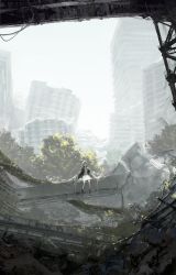 Rule 34 | 1girl, absurdly long hair, absurdres, blonde hair, building, day, dress, highres, long hair, original, outdoors, post-apocalypse, rsef, ruins, scenery, shoes, sitting, solo, tree, very long hair, white dress, wide shot