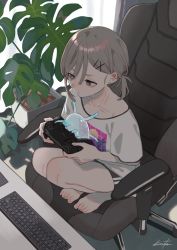 Rule 34 | 1980s (style), 1girl, barefoot, chair, controller, day, desk, ear piercing, earrings, from above, hair ornament, hairclip, highres, holding, holding controller, indoors, jewelry, keyboard (computer), kirudai, knees, leaf, looking ahead, monstera deliciosa, office chair, oldschool, on chair, original, piercing, plant, playstation controller, ponytail, potted plant, retro artstyle, sea pig, shirt, short ponytail, shorts, signature, slime (creature), solo, squatting, swivel chair, t-shirt, toes, wireless