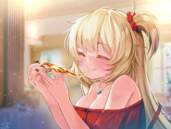 Rule 34 | 1girl, akai haato, bare shoulders, blonde hair, blush, breasts, cleavage, closed eyes, commentary request, dress, eating, fingernails, food, hair ornament, hair tie, heart, heart hair ornament, heart pendant, highres, holding, holding food, hololive, jewelry, long hair, magowasabi, medium breasts, nail polish, off-shoulder dress, off shoulder, one side up, pendant, pizza, red dress, red nails, signature, smile, solo, strapless, strapless dress, twitter username, virtual youtuber