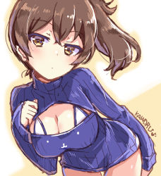 Rule 34 | 10s, 1girl, alternate costume, artist name, bikini, bikini top only, breasts, brown eyes, brown hair, cleavage cutout, clothing cutout, cowboy shot, kaga (kancolle), kantai collection, kaworu (1030), large breasts, leaning forward, long sleeves, looking at viewer, meme attire, open-chest sweater, ribbed sweater, side ponytail, signature, sketch, solo, sweater, swimsuit, turtleneck