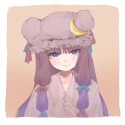 Rule 34 | 1girl, blush, collarbone, crescent, crescent hair ornament, crescent moon, hair ornament, hair ribbon, hat, highres, long hair, looking at viewer, mob cap, moon, myouji, patchouli knowledge, purple eyes, purple hair, ribbon, solo, teeth, touhou, upper body