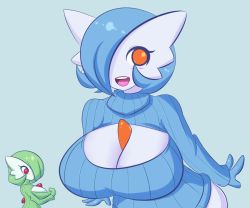 Rule 34 | 2girls, alternate color, blue hair, blush, breasts, cleavage, creatures (company), game freak, gardevoir, gen 3 pokemon, green hair, huge breasts, jcdr, lucy (jcdr), meme attire, multiple girls, nintendo, nougat (jcdr), open-chest sweater, open mouth, orange eyes, pokemon, pokemon (creature), red eyes, shiny pokemon, simple background, smile, sweater
