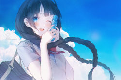 Rule 34 | 1girl, absurdres, bag, black hair, blue eyes, blue sky, blush, bottle, braid, cloud, commission, day, highres, holding, holding bottle, long hair, looking at viewer, neck ribbon, one eye closed, open mouth, original, outdoors, patch oxxo, ramune, red ribbon, ribbon, school bag, school uniform, shirt, short sleeves, sky, smile, solo, twin braids, upper body, very long hair, white shirt
