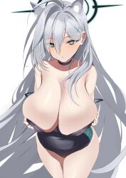 Rule 34 | 1girl, ahoge, animal ear fluff, animal ears, blue archive, blue eyes, blush, breasts, choker, cleavage, collarbone, competition swimsuit, cross hair ornament, extra ears, grey hair, hair ornament, halo, highres, huge breasts, looking at viewer, mismatched pupils, one-piece swimsuit, osanpo02, shiroko (blue archive), shiroko terror (blue archive), solo, swimsuit, wolf ears