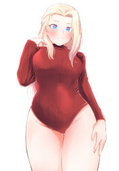 Rule 34 | 1girl, absurdres, blonde hair, blue eyes, blush, clara (girls und panzer), closed mouth, commentary request, cowboy shot, girls und panzer, hand in own hair, hand on thigh, heattech leotard, highres, leotard, long hair, long sleeves, looking at viewer, oze (xyz go go11), partial commentary, red leotard, ribbed leotard, simple background, solo, standing, thigh gap, thighs, turtleneck, white background