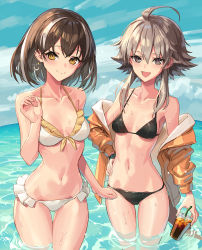 Rule 34 | 2girls, :d, ahoge, arknights, bare arms, bare shoulders, bikini, black bikini, black hair, blue sky, breasts, cloud, collarbone, commentary request, cowboy shot, cup, day, disposable cup, drinking straw, front-tie bikini top, front-tie top, grey eyes, grey hair, halterneck, highres, holding, holding cup, jacket, looking at viewer, magallan (arknights), mayer (arknights), medium breasts, multicolored hair, multiple girls, navel, off shoulder, open clothes, open jacket, open mouth, orange jacket, outdoors, short hair, short hair with long locks, sigm@, sky, smile, standing, stomach, streaked hair, string bikini, swimsuit, thighs, wading, water, white bikini, white hair, yellow eyes