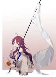 Rule 34 | 1girl, ahoge, apple, arknights, brown hair, commentary request, flag, food, from side, fruit, golden apple, green eyes, highres, jacket, long hair, long sleeves, looking at viewer, looking to the side, myrtle (arknights), off shoulder, open clothes, open jacket, pants, parted bangs, pointy ears, shoes, solo, squatting, tetuw, very long hair, white flag, white footwear, white jacket, white pants, wide sleeves
