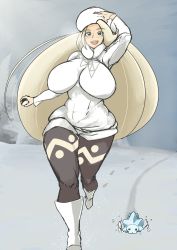 Rule 34 | 1girl, absurdres, arm up, blonde hair, blue eyes, blurry, blurry background, blush, boots, breasts, breasts apart, breath, creatures (company), curvy, feet, full body, fur hat, game freak, gen 8 pokemon, gloves, happy, hat, highres, holding, holding poke ball, huge breasts, legs, long hair, looking at viewer, matsunoda you, mature female, melony (pokemon), nintendo, open mouth, outdoors, poke ball, pokemon, pokemon (creature), pokemon swsh, running, sky, smile, snom, snow, standing, sweater, thick eyebrows, thick thighs, thighs, tree, turtleneck, turtleneck sweater, ushanka