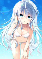Rule 34 | 1girl, bare arms, bare shoulders, bikini, blue background, blue eyes, blush, breasts, cleavage, collarbone, commentary request, cowboy shot, floating hair, gradient background, hand on own thigh, hand up, leaning forward, lens flare, long hair, looking at viewer, medium breasts, navel, original, parted lips, rainbow, side-tie bikini bottom, sidelocks, silver hair, solo, standing, swimsuit, thighs, twitter username, uchuuneko, very long hair, water drop, wet, white bikini