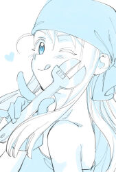 Rule 34 | 1girl, ;q, bandana, bare shoulders, blue theme, character request, closed mouth, commentary request, copyright request, eyelashes, gloves, heart, holding, holding wrench, long hair, looking at viewer, loose hair strand, no+bi=, one eye closed, shirt, simple background, smile, solo, strapless, strapless shirt, tongue, tongue out, upper body, white background, wrench