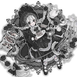 Rule 34 | 1girl, black eyes, black theme, blush, bonnet, book, bow, braid, brooch, cake, cake slice, candelabra, candle, candlestand, collared dress, cream puff, creamer (vessel), cup, dress, fire, flower, food, frills, fruit, gloves, gothic lolita, hair bow, hair flower, hair ornament, highres, holding, holding plate, jewelry, lace, lace gloves, lantern, lolita fashion, long hair, long sleeves, macaron, mary janes, open book, open mouth, original, pitcher (container), plate, pocan, pouring, pudding, rose, saucer, shoes, smile, socks, solo, strawberry, sugar bowl, tea, teacup, tiered tray, twin braids, very long hair, white hair